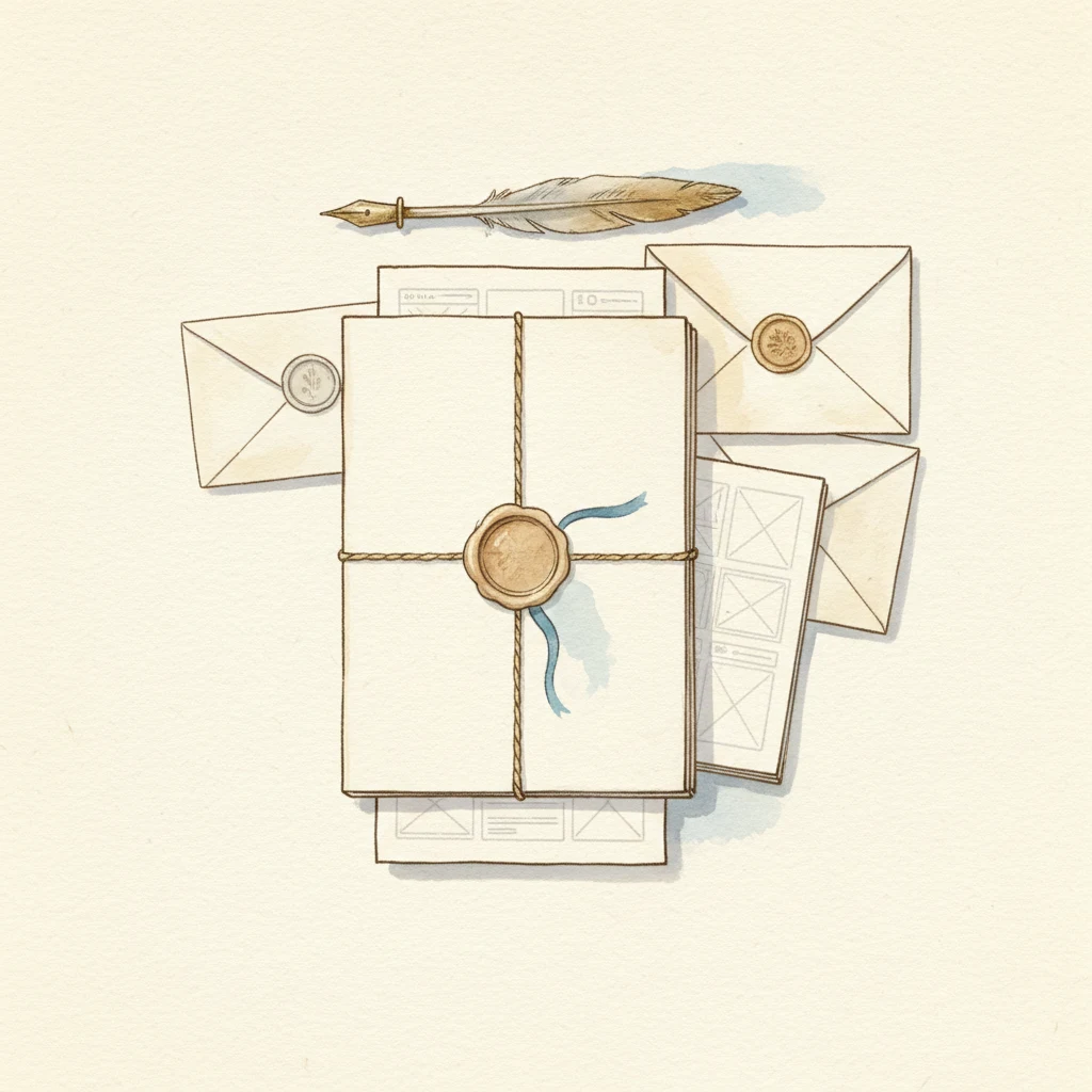Soft watercolor of a neat bundle of cream booklets tied with thread and a wax seal, with sealed letters and a quill resting beside it.