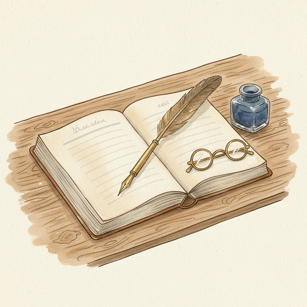 A bound notebook open on a scarred oak table, beside a brass-nibbed quill and an ink-blue inkwell.