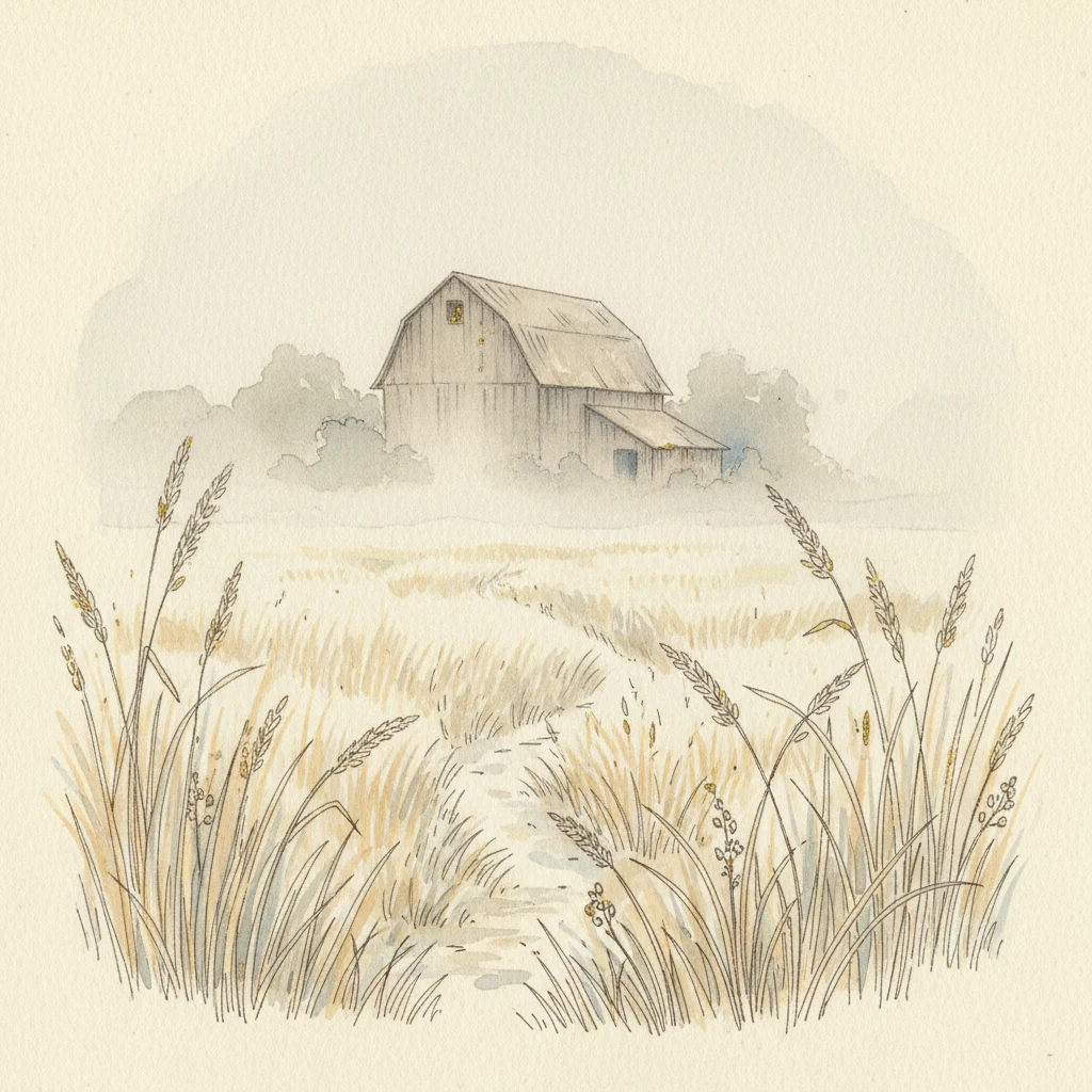 A misty meadow at dawn, dry tall grasses, a barn just visible through the fog.