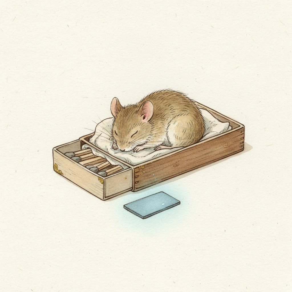 Soft watercolor of Kit the mouse curled asleep in a matchbox; on the workbench beside him a slate glows faintly cool blue.