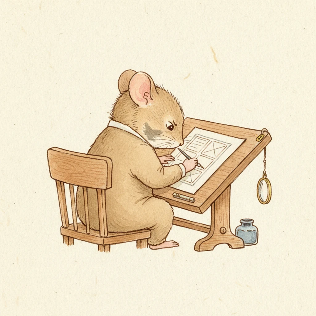 Soft watercolor of Kit the mouse at a small drafting table, sketching the layout of a screen with a brass-nibbed quill.