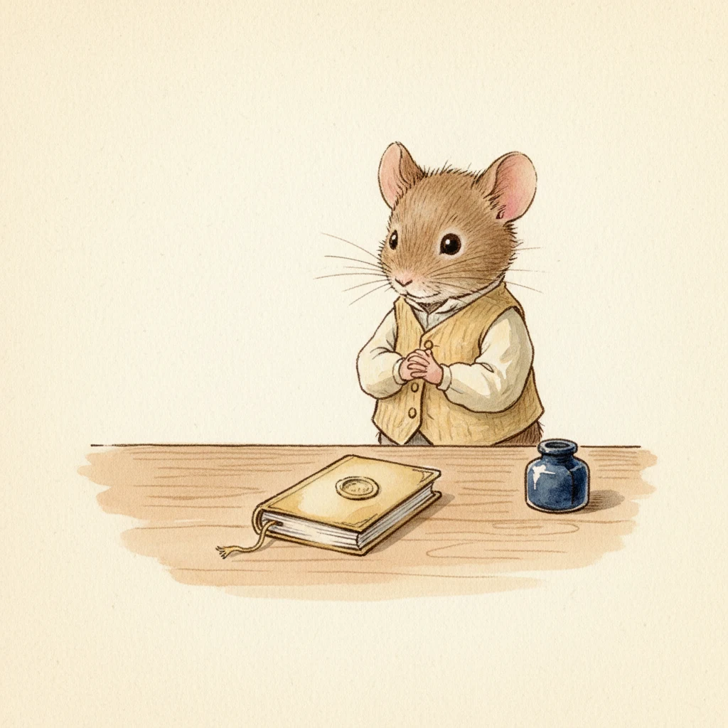 Soft watercolor of the mouse standing back from a tidy desk at dawn, looking at one small finished, bound booklet — the clutter gone.