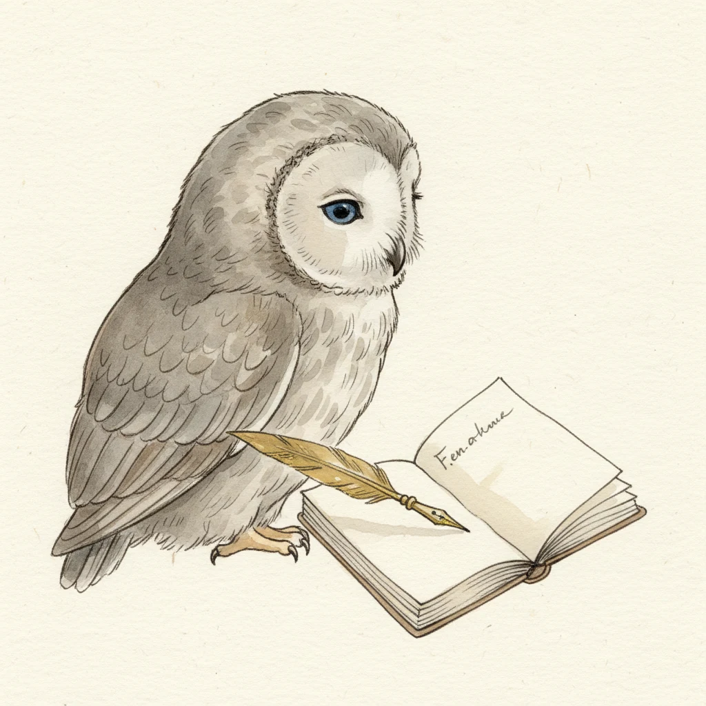 Soft watercolor of Nabu the owl pointing one talon at an open page of the planning notebook.