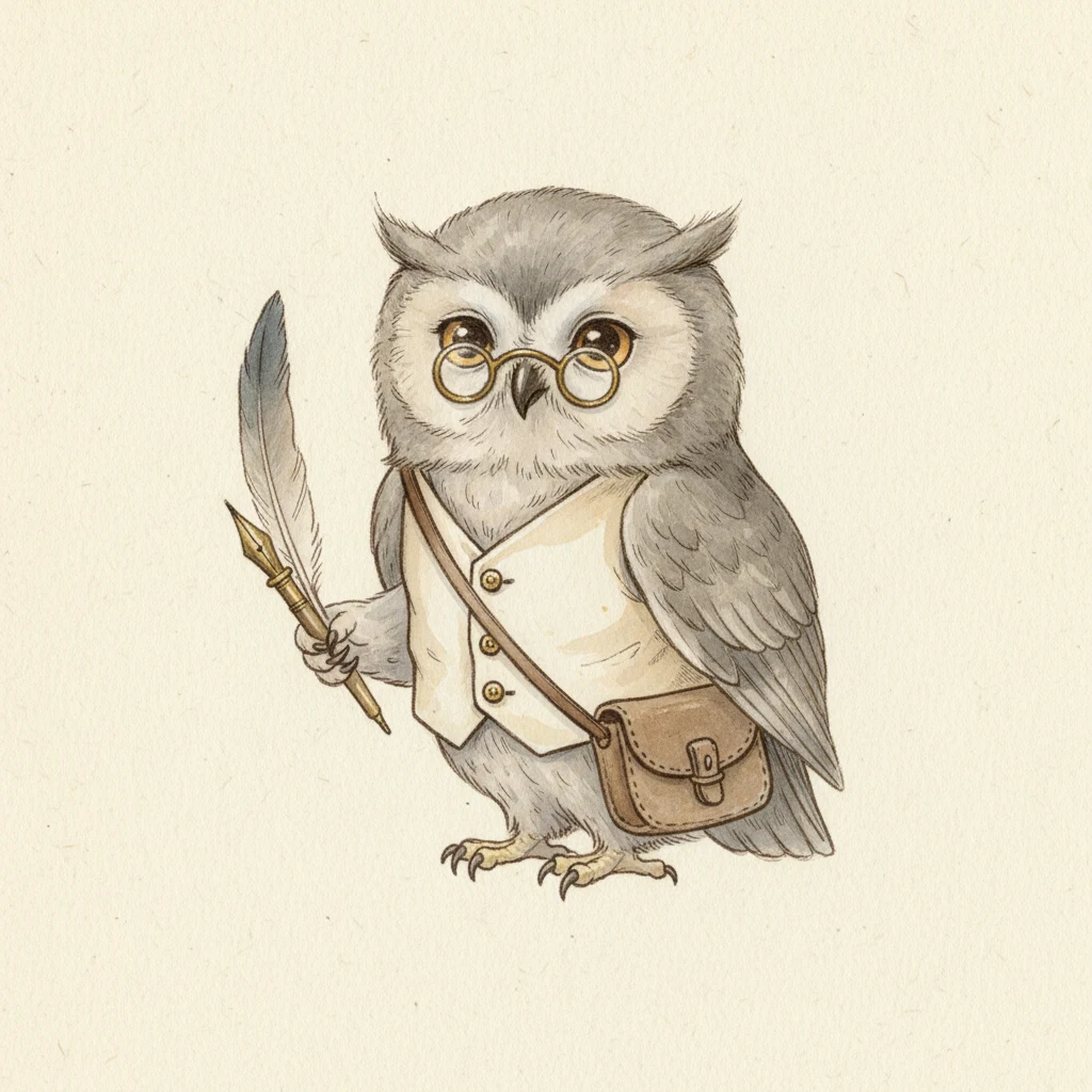 Soft watercolor portrait of Nabu, a teapot-sized gray owl in half-moon spectacles, looking patiently at the viewer.
