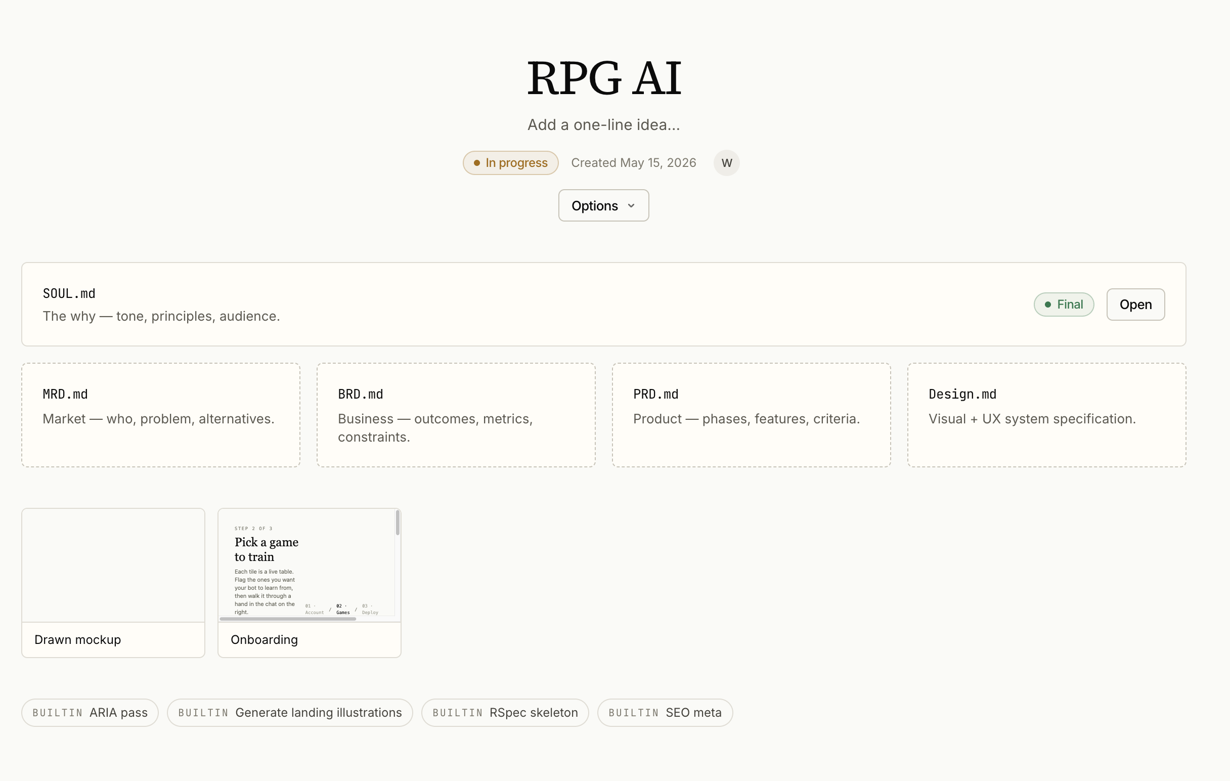 Screenshot of a single project overview with its planning files.