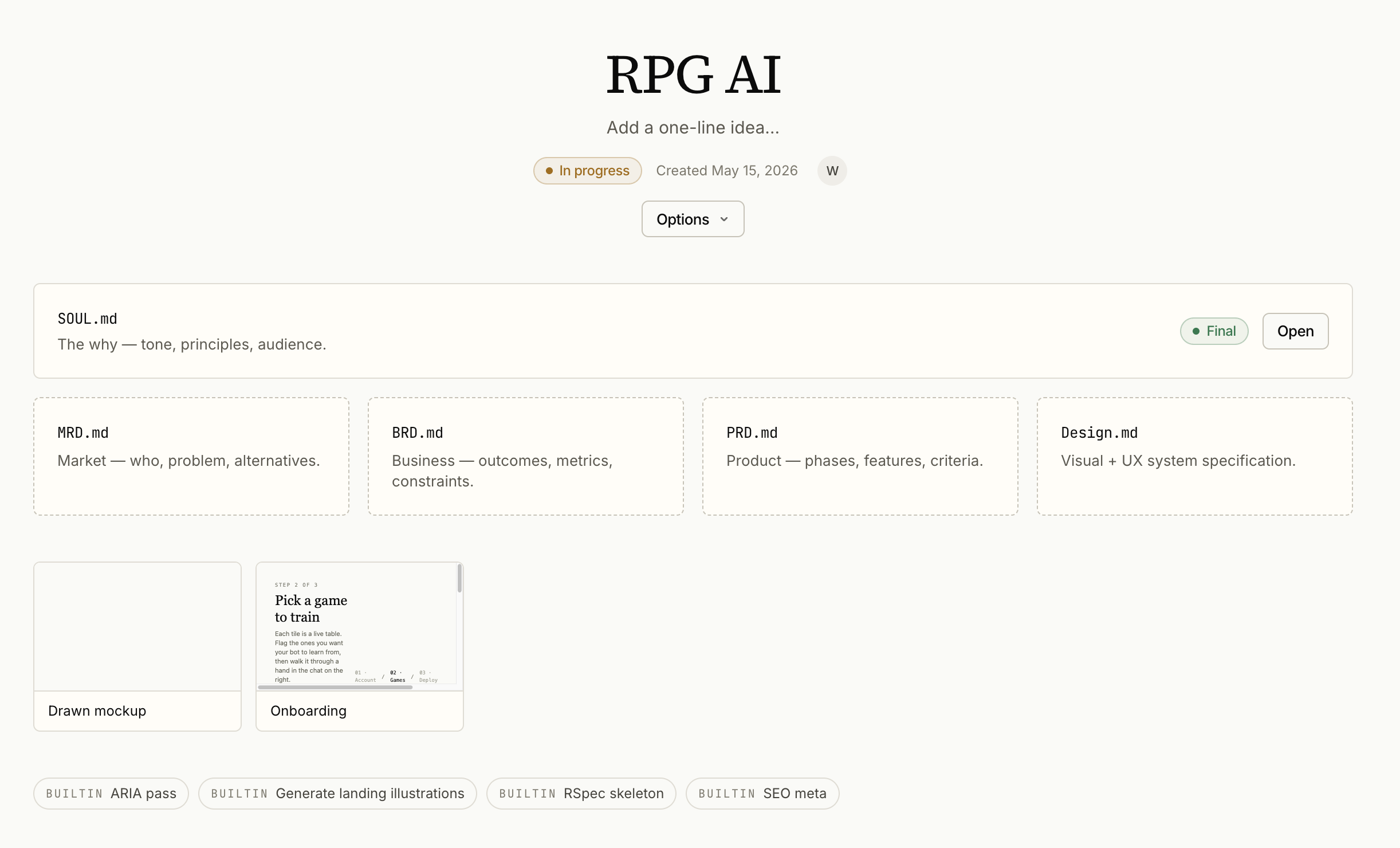 Screenshot of a NabuKit project overview: the five planning files laid out, ready to hand to an AI builder.