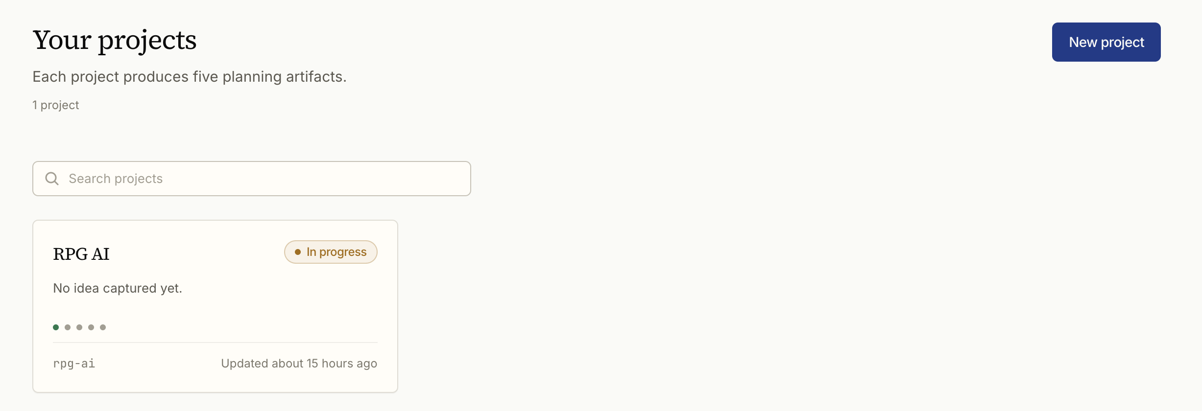 Screenshot of the projects dashboard listing several projects as tidy cards.