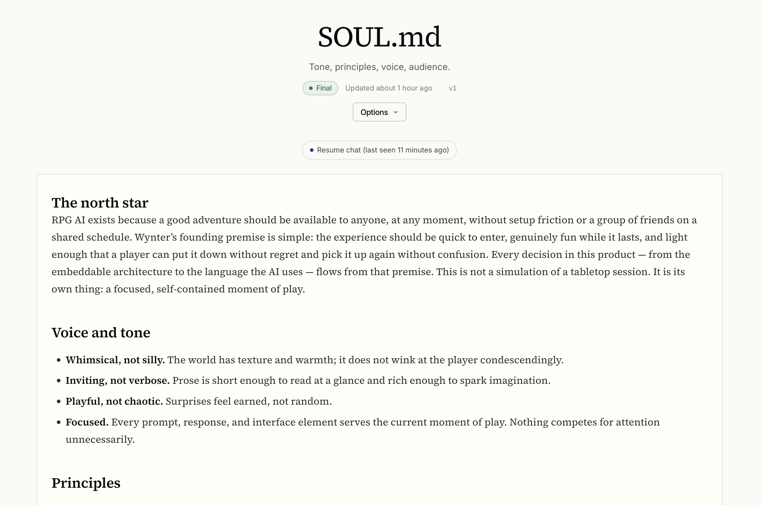Screenshot of the SOUL.md artifact page. Heading reads The north star. Below it: principles for tone and voice, four guidelines.