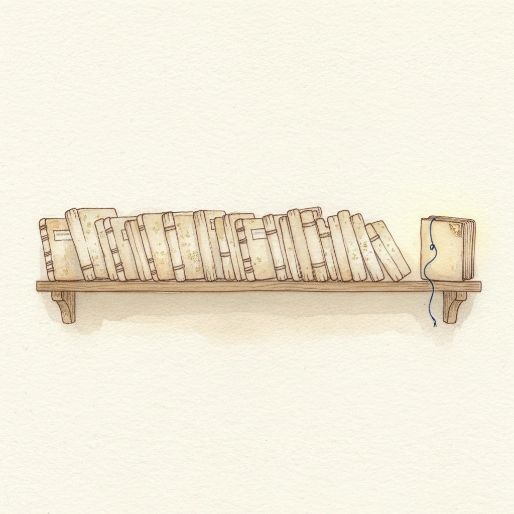 Soft watercolor of a wooden shelf lined with many small closed, dusty folders, and one at the end standing open with a faint warm glow.