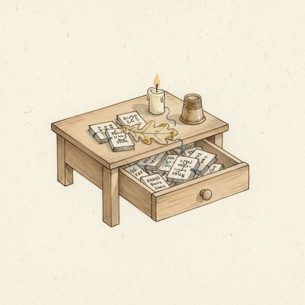 Soft watercolor of a small desk piled with crumpled paper, a half-shut laptop, and an open notebook with a sentence trailing off mid-thought.